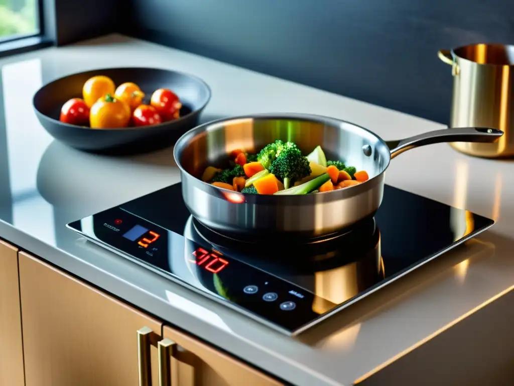 Cocina moderna: inducción eficiente para platos perfectos Una placa de inducción moderna con control digital, cocinando vegetales y salteando en un sartén