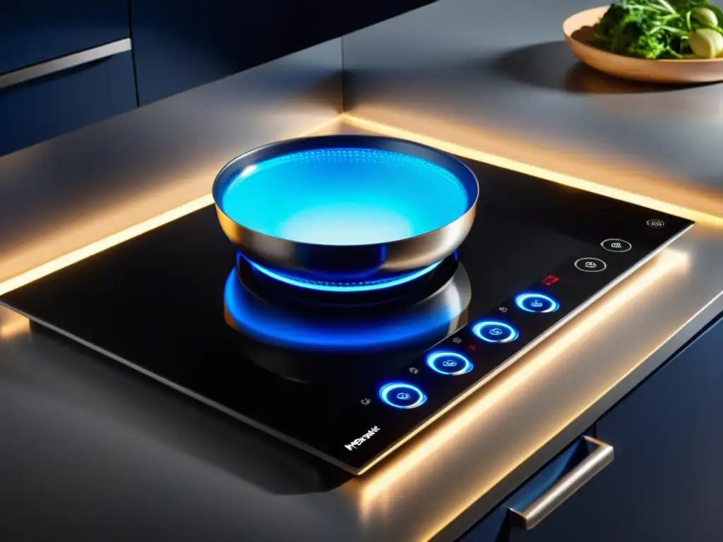 Placa de inducción moderna con luces LED azules vibrantes Una placa de inducción moderna con controles táctiles, luces LED azules y ollas hirviendo