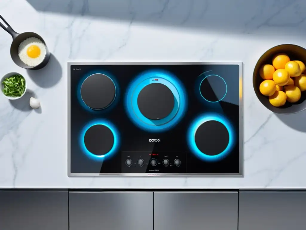 Cocina de mármol blanco con placa de inducción Bosch Serie 8 PID775DC1E Una placa de inducción Bosch Serie 8 PID775DC1E negra y elegante sobre encimera de mármol blanco, emitiendo un sutil brillo azul
