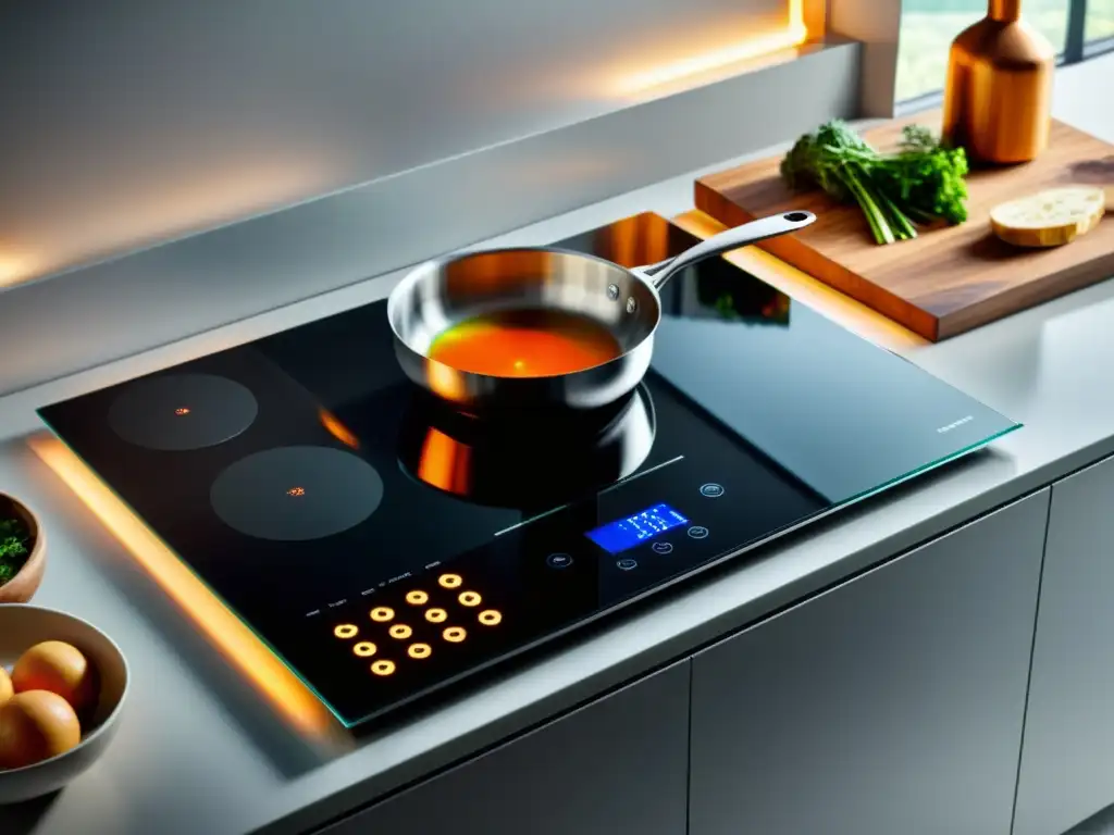 Cocina de inducción de alta tecnología: Precisión y elegancia Placas de inducción de alto standing con diseño moderno, controles táctiles LED y utensilios relucientes en la superficie de vidrio negro