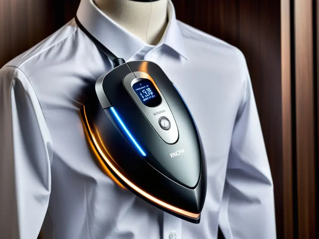 Plancha inteligente: eficiencia y sofisticación Plancha inteligente deslizándose sobre una camisa blanca con vapor suave, eficiente y sofisticada en cuidado de prendas