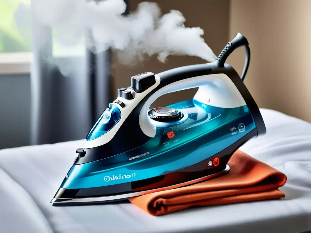 Plancha de vapor moderna y elegante con nubes de vapor Plancha de vapor moderna sobre base de silicona resistente al calor, junto a camisas de algodón blancas