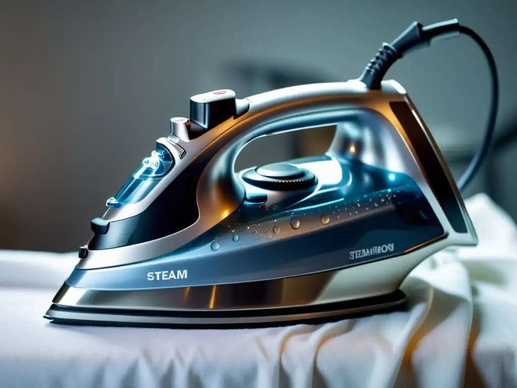 Plancha de vapor plateada: elegancia y eficiencia Plancha de vapor plateada sobre tela blanca impecable, emitiendo vapor y con gotas de agua, transmite limpieza y eficiencia en mantenimiento
