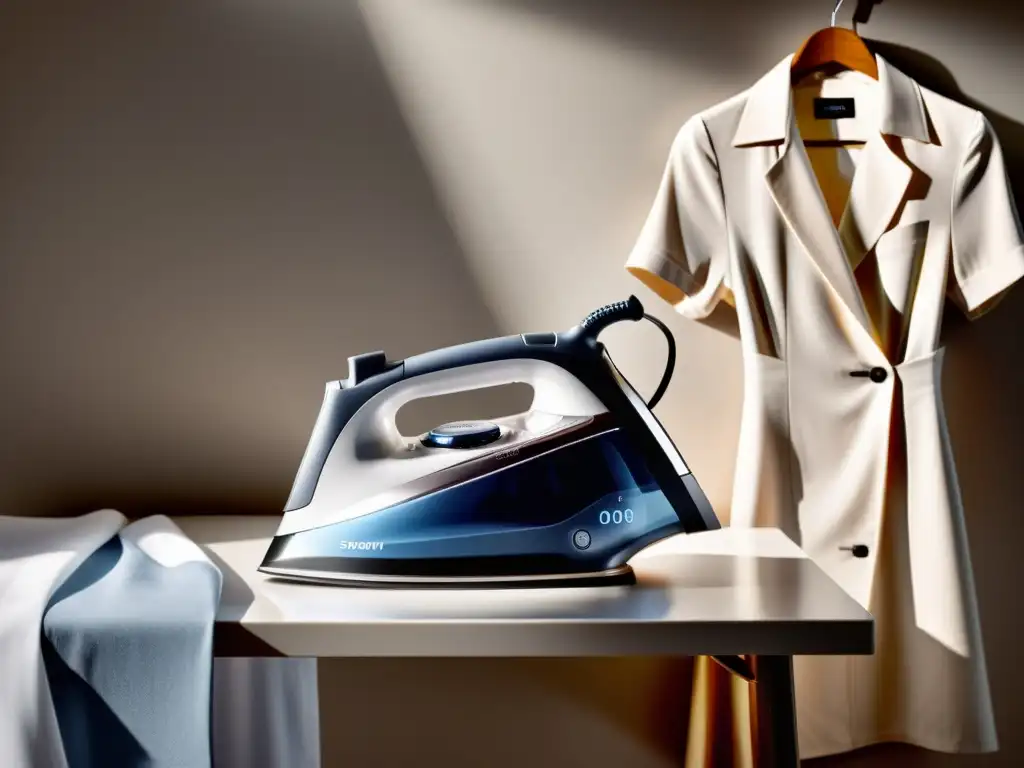 Plancha de vapor vertical y camisa impecable en un ambiente moderno Plancha de vapor vertical eficiente junto a una camisa impecable en un elegante cuarto de lavado