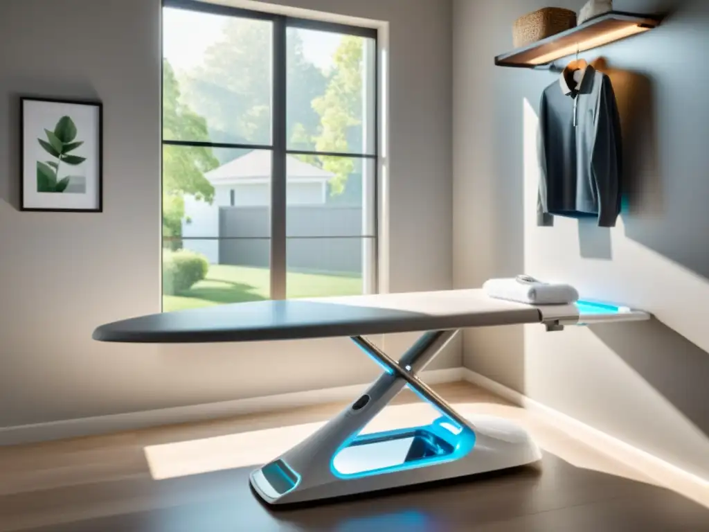 Set de plancha inteligente en moderno lavadero Planchas y sistemas de planchado inteligentes en moderno y luminoso cuarto de lavado, con luces LED suaves y ambiente acogedor