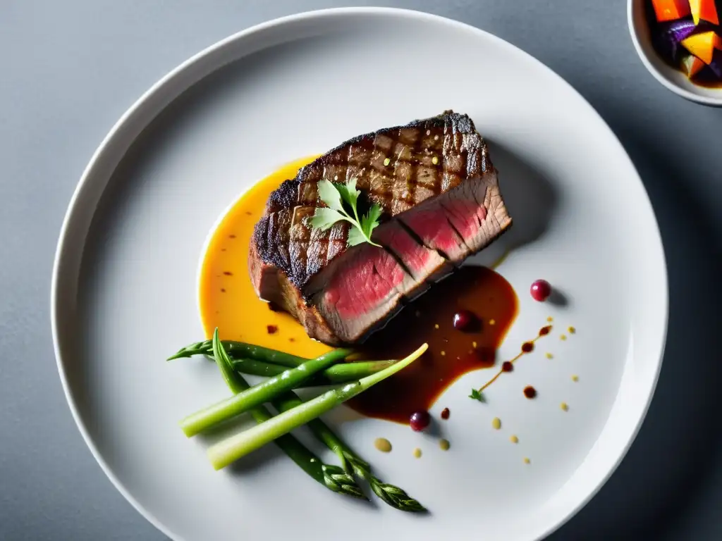 Exquisita presentación de filete sous vide con vegetales vibrantes Plato perfectamente preparado con un filete sous vide, acompañado de vegetales coloridos, todo sobre un fondo minimalista