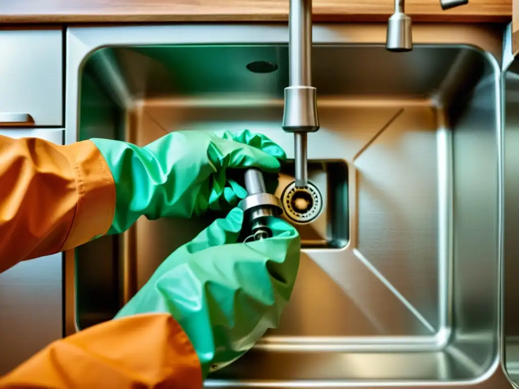 Reparación profesional de triturador de basura Un plomero resuelve un atasco en un triturador de basura doméstico con determinación y precisión
