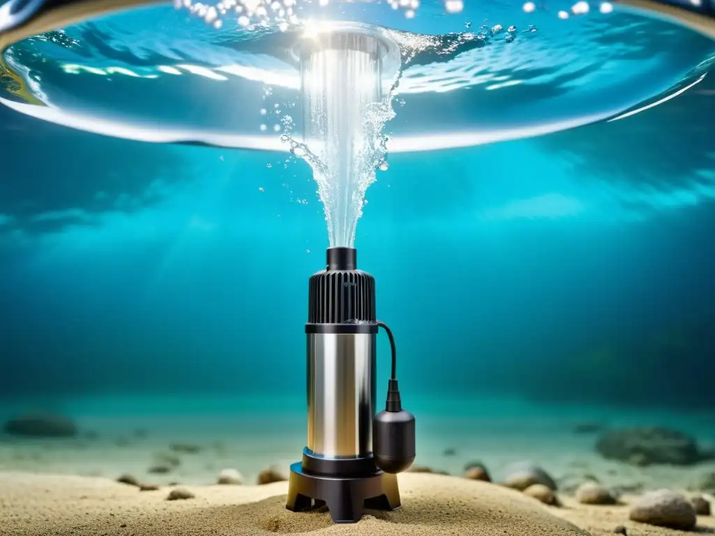 Bomba sumergible de acero inoxidable en acción: potencia y eficiencia Potente bomba de agua sumergible eficiente en acción, con chorros de agua cristalina
