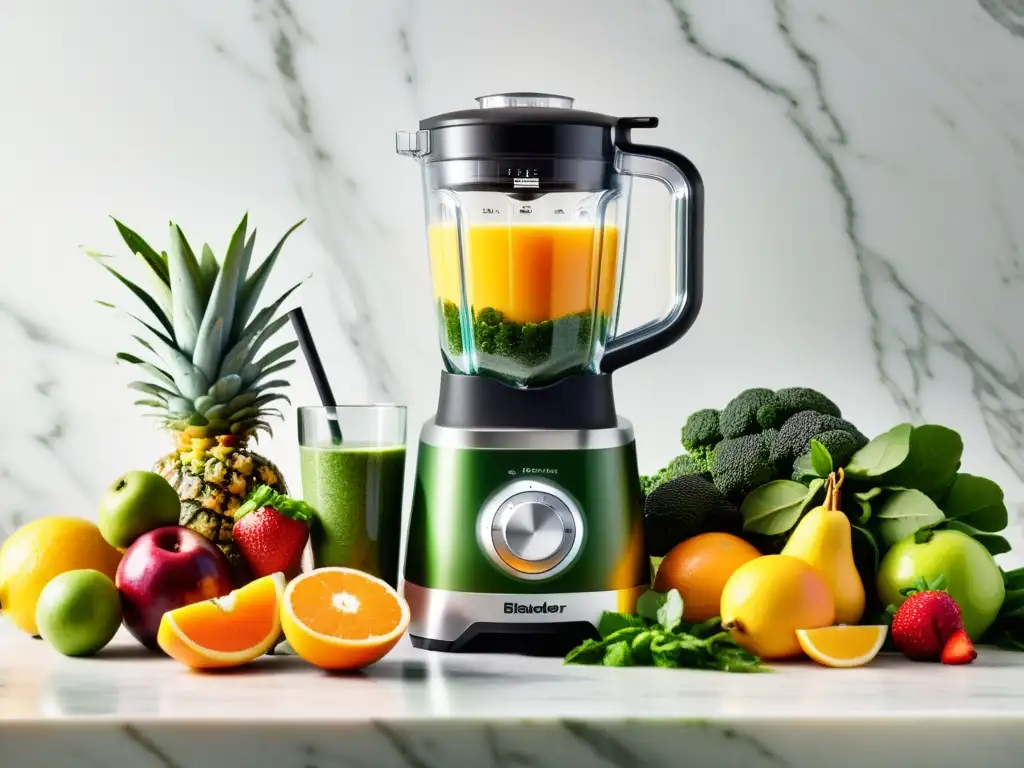 Batidora moderna preparando un smoothie verde vibrante Un potente blender en una encimera de mármol rodeado de frutas frescas y verduras, creando un smoothie verde vibrante y suave