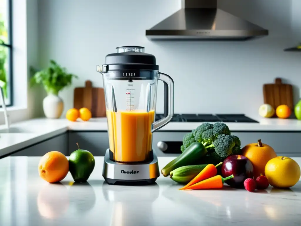 Batidora moderna con frutas y verduras vibrantes Blender potente para smoothies saludables con frutas y verduras vibrantes listas para mezclar en una cocina luminosa y acogedora