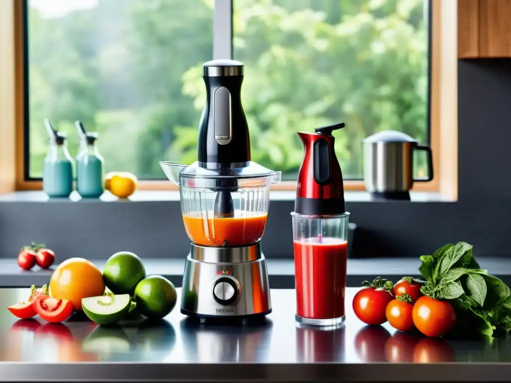 Batidora de mano y licuadora: potencia y versatilidad en la cocina Dos potentes batidoras: una de vaso y una de mano, puré de tomate y frutas en proceso, destacando su potencia y versatilidad