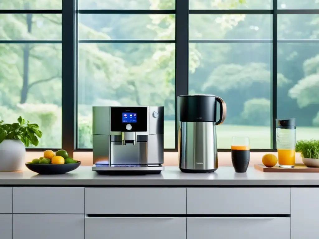 Cocina inteligente con electrodomésticos modernos y minimalistas Privacidad en cocina futurista con electrodomésticos conectados, iluminación suave y vista a jardín
