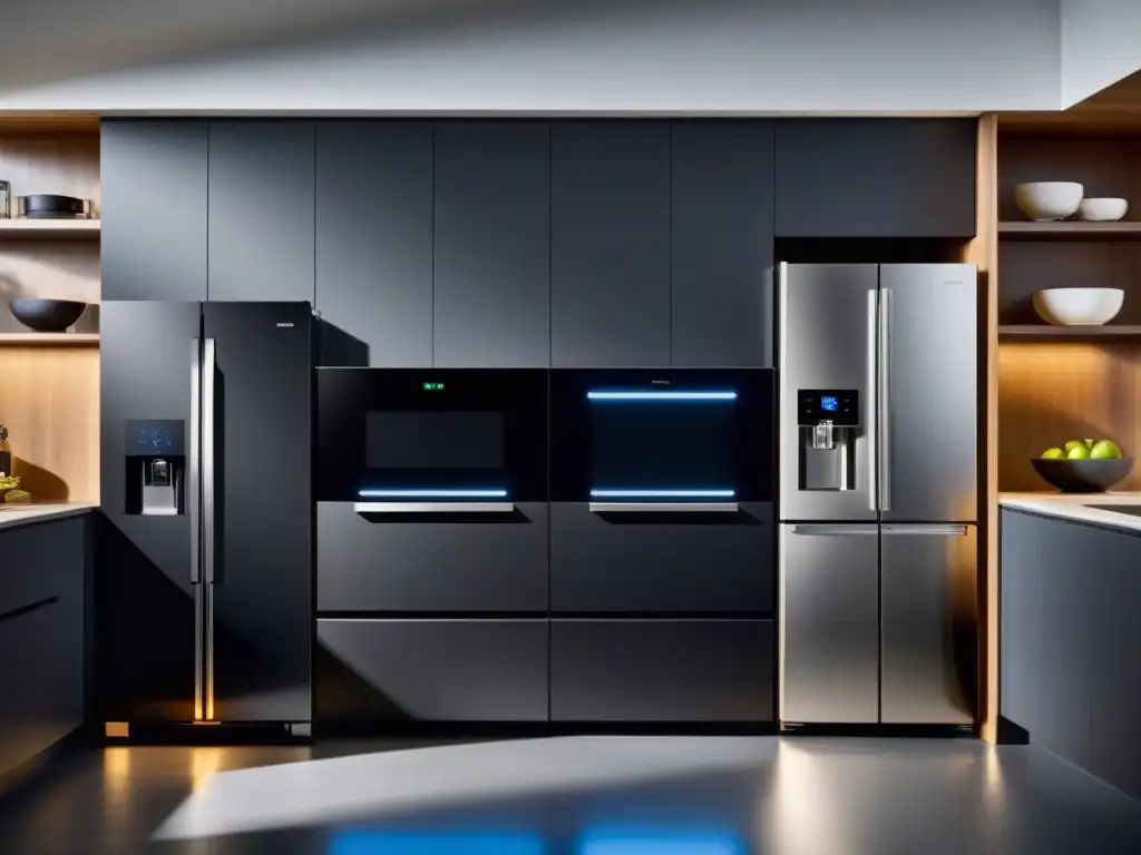 Cocina moderna con electrodomésticos inteligentes y control central Privacidad electrodomésticos conectados: Cocina moderna con electrodomésticos inteligentes y panel de control central, iluminados con LED