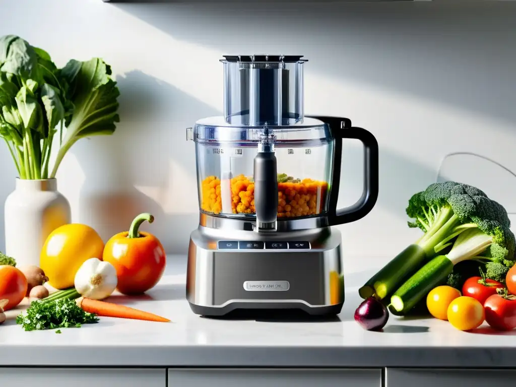 Procesador de alimentos multifuncional: eficiencia y precisión en la cocina Un procesador de alimentos multifunción de acero inoxidable en acción, rodeado de ingredientes frescos