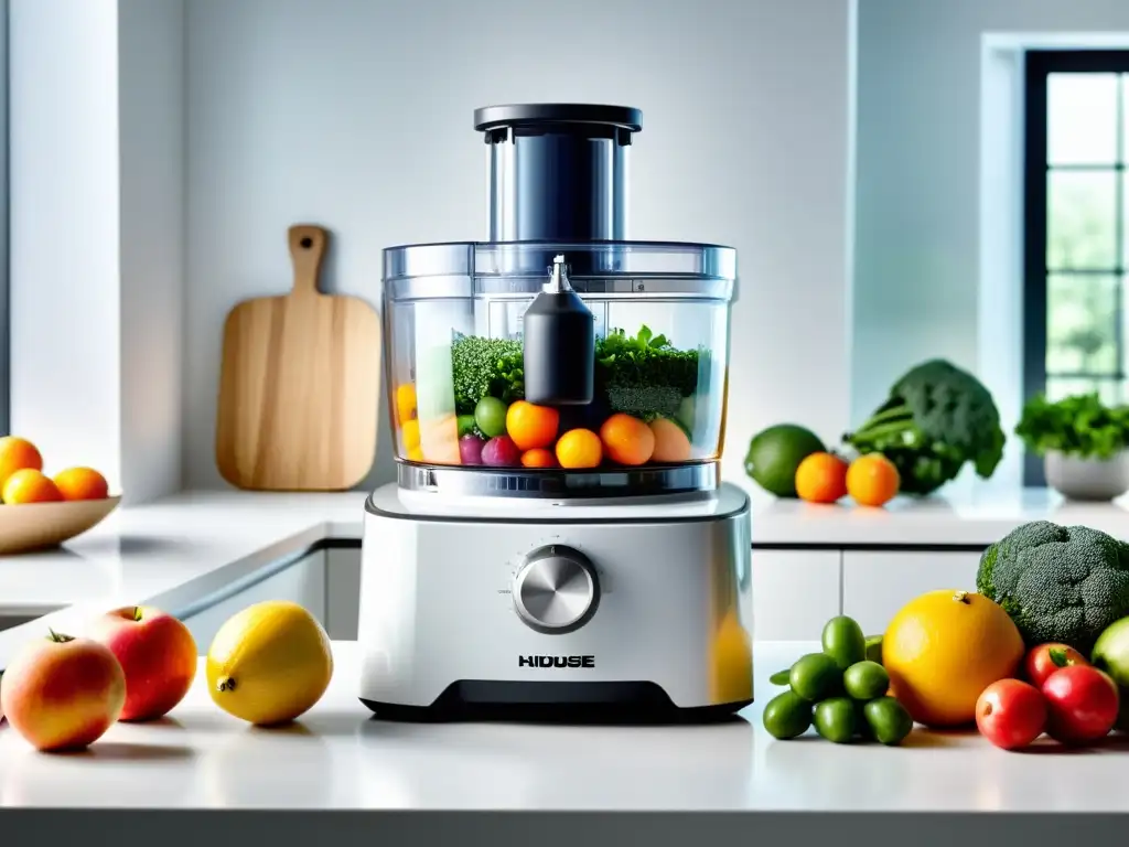 Procesador de alimentos en acción: frescura y eficiencia en la cocina Un procesador de alimentos multifunción en una cocina blanca impecable, con frutas y verduras coloridas