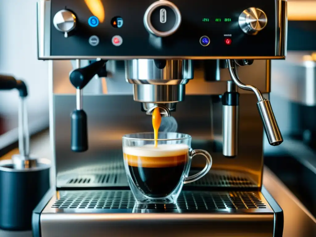 Descalcificación precisa: Cuidado al descalcificar tu máquina de espresso Proceso de descalcificación cafetera exprés sabor café con precisión y cuidado, resaltando detalles de la máquina y la mano