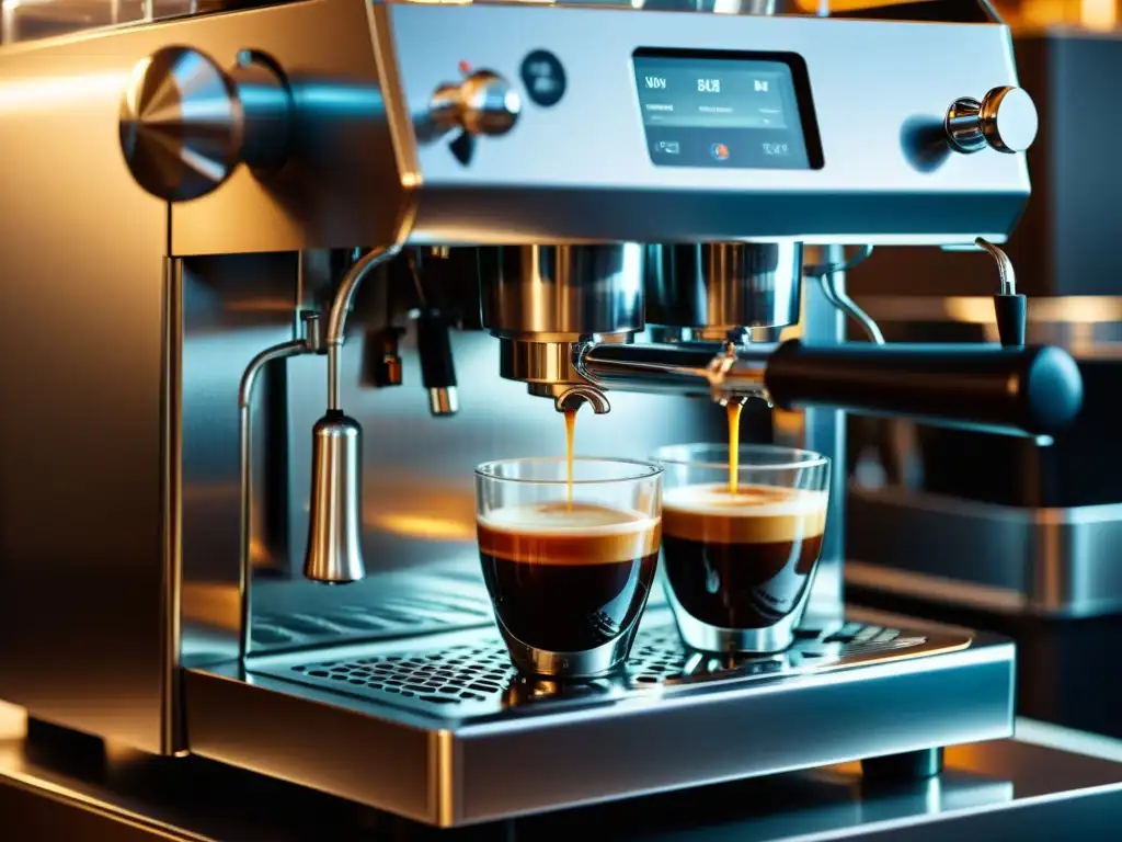 Descalcificación precisa de una máquina de café expreso moderna Proceso de descalcificación de cafetera exprés, detalle de mantenimiento profesional resaltando el diseño moderno y la precisión interna
