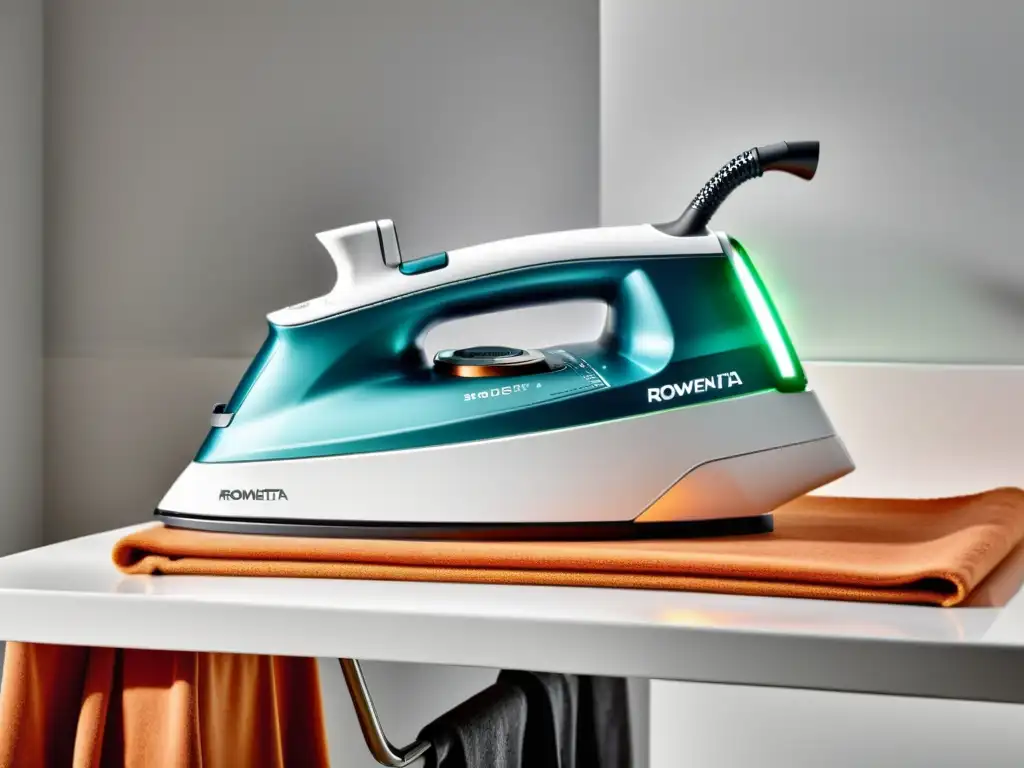 Planchado profesional: Rowenta Silence Steam Pro en acción Profesionalidad y eficiencia con el mejor centro de planchado Rowenta, rodeado de prendas coloridas y luz cálida