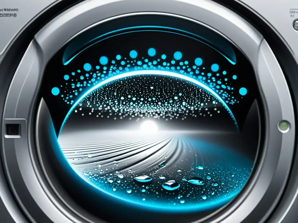 Disparo de agua futurista en lavadora de última generación Programas de higiene avanzados lavadoras: Impactante imagen de gotas de agua chocando en el tambor de una lavadora de diseño futurista, resaltadas por luces LED