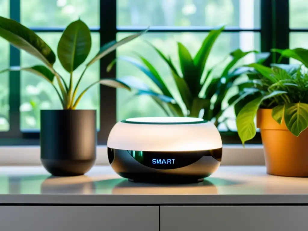 Dispositivo inteligente de hogar: diseño moderno en un entorno elegante Prototipo de dispositivo para vivienda inteligente en mesa blanca, rodeado de plantas verdes, con integración domótica