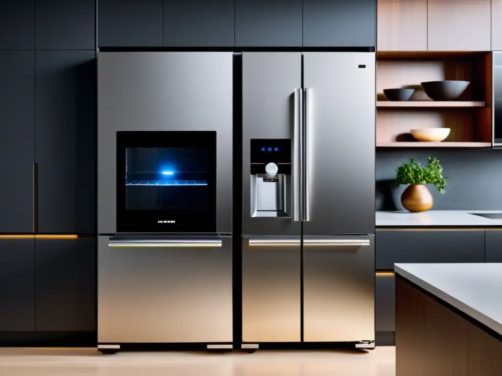 Cocina futurista con electrodomésticos inteligentes integrados Prototipo de vivienda inteligente con integración domótica de alta tecnología en una cocina futurista y elegante con electrodomésticos inteligentes sincronizados y minimalistas