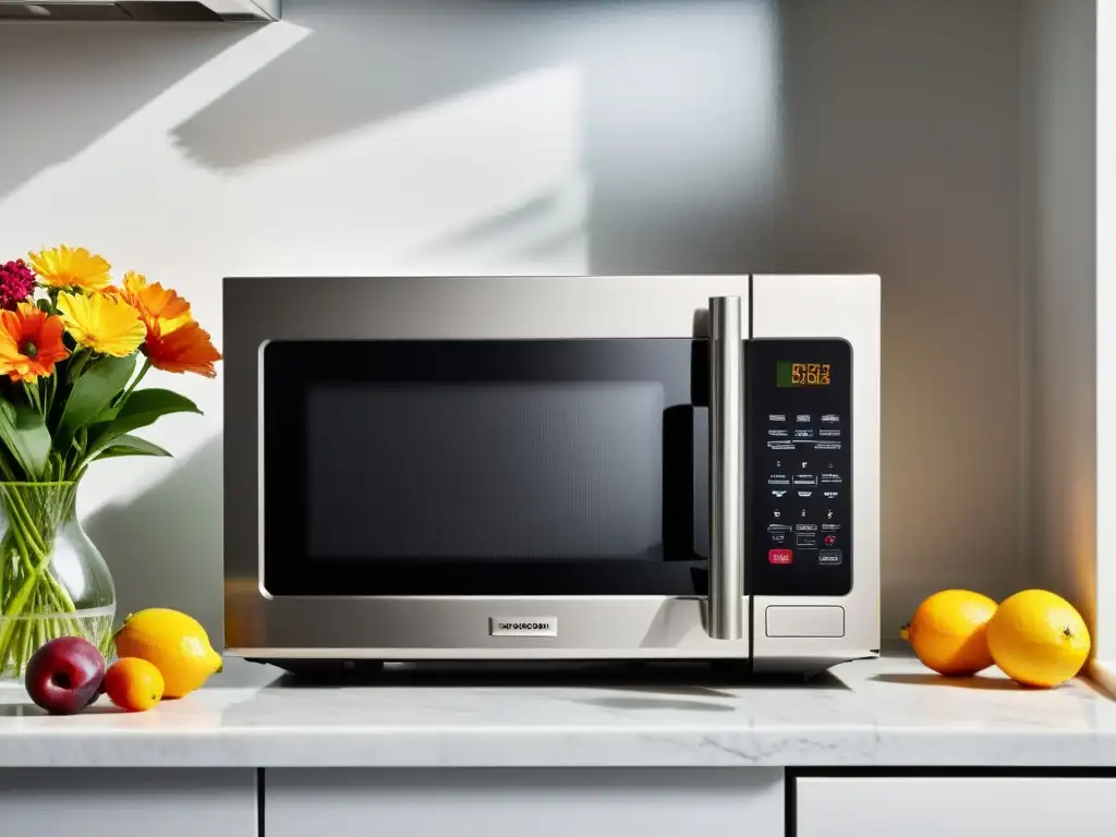 Microondas de acero inoxidable: modernidad y funcionalidad Prueba del nuevo microondas Inverter: Elegante y funcional, con interior iluminado y controles táctiles en una cocina moderna y luminosa