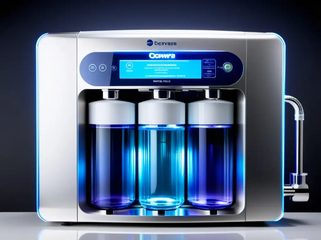Purificador de agua por ósmosis inversa: tecnología futurista Un purificador de agua por ósmosis inversa de diseño futurista, iluminado por LED, destaca la tecnología de filtración avanzada
