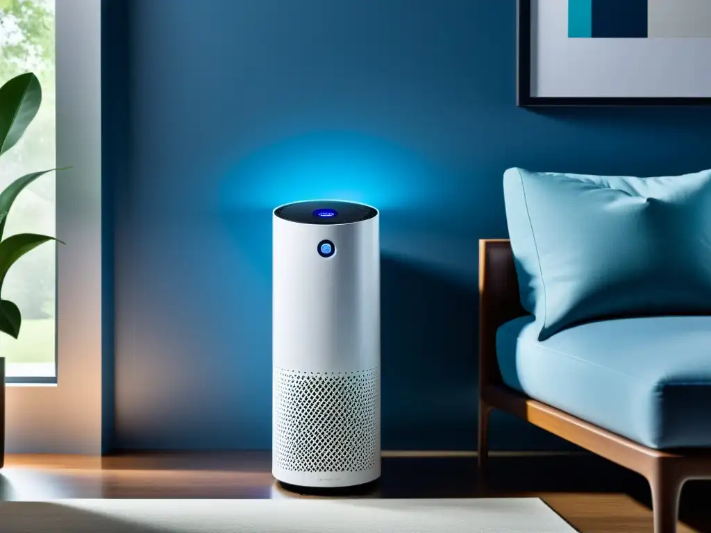 Un purificador de aire de alta tecnología en un elegante salón moderno, emitiendo una suave luz azul mientras elimina alérgenos del aire