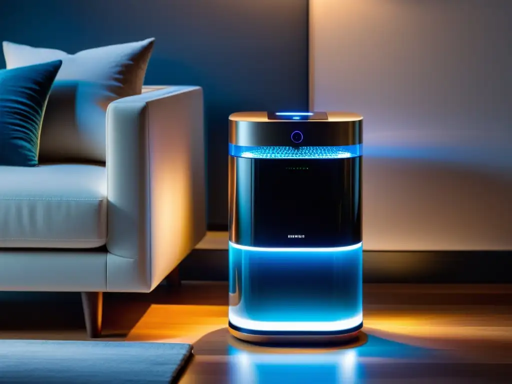 Un purificador de aire de alta tecnología en un elegante y minimalista entorno de madera, emitiendo una atmósfera futurista y calmante