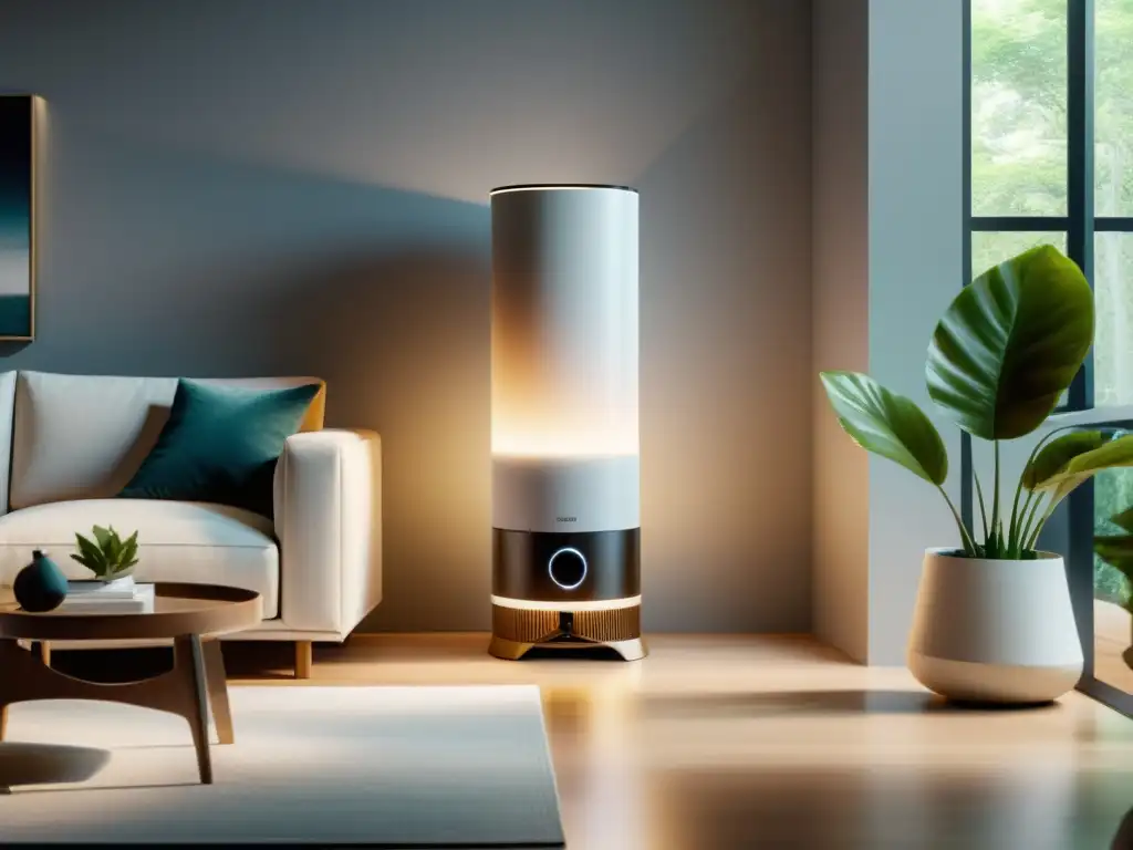 Purificador de Aire Ultramoderno en Espacio Contemporáneo Un purificador de aire elegante y moderno mejora el ambiente en un espacio contemporáneo bien iluminado, con una atmósfera tranquila y sofisticada