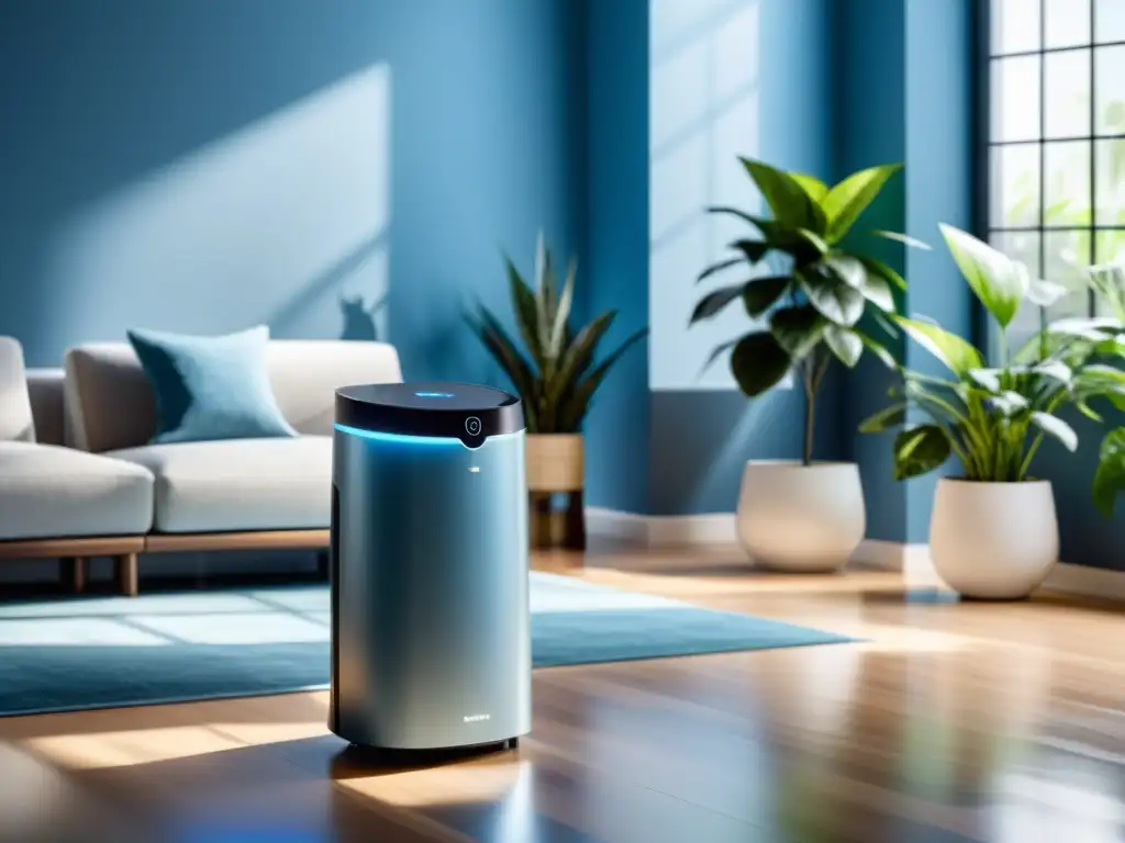 Salón contemporáneo con purificador de aire y humidificador Purificador de aire y humidificador mejoran ambiente en sala moderna con elegante decoración y luz natural