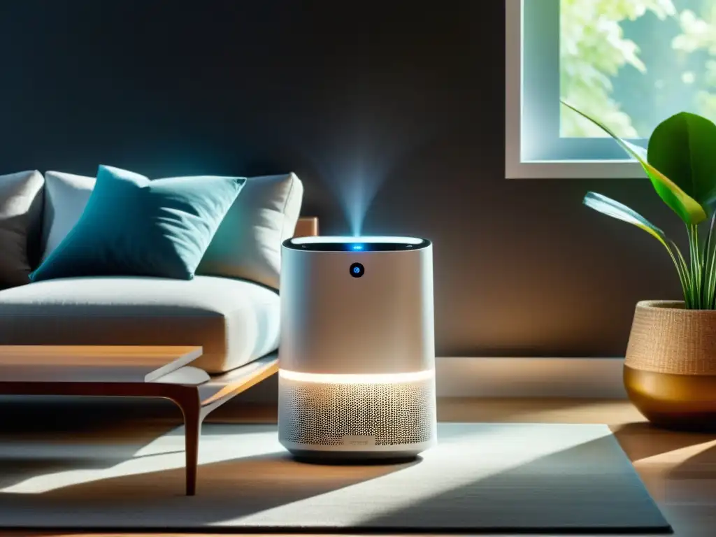 Un purificador de aire moderno y elegante, en un ambiente acogedor y contemporáneo