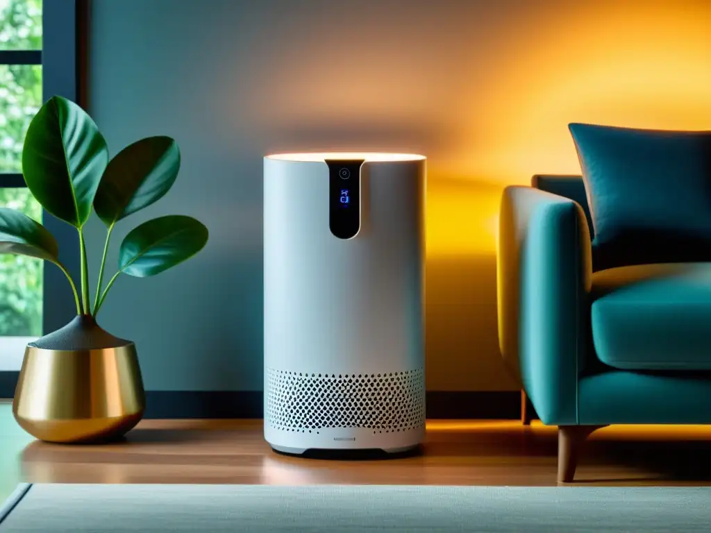 Purificador inteligente: aire puro y estilo en casa Un purificador inteligente que controla el aire en un ambiente moderno y elegante con plantas verdes