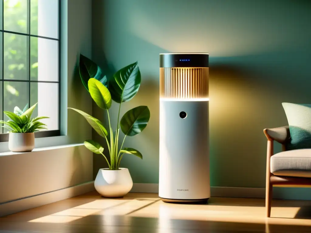 Purificador de aire moderno en un entorno saludable y relajante Un purificador inteligente controla el aire en una habitación soleada, rodeado de plantas verdes y luz natural