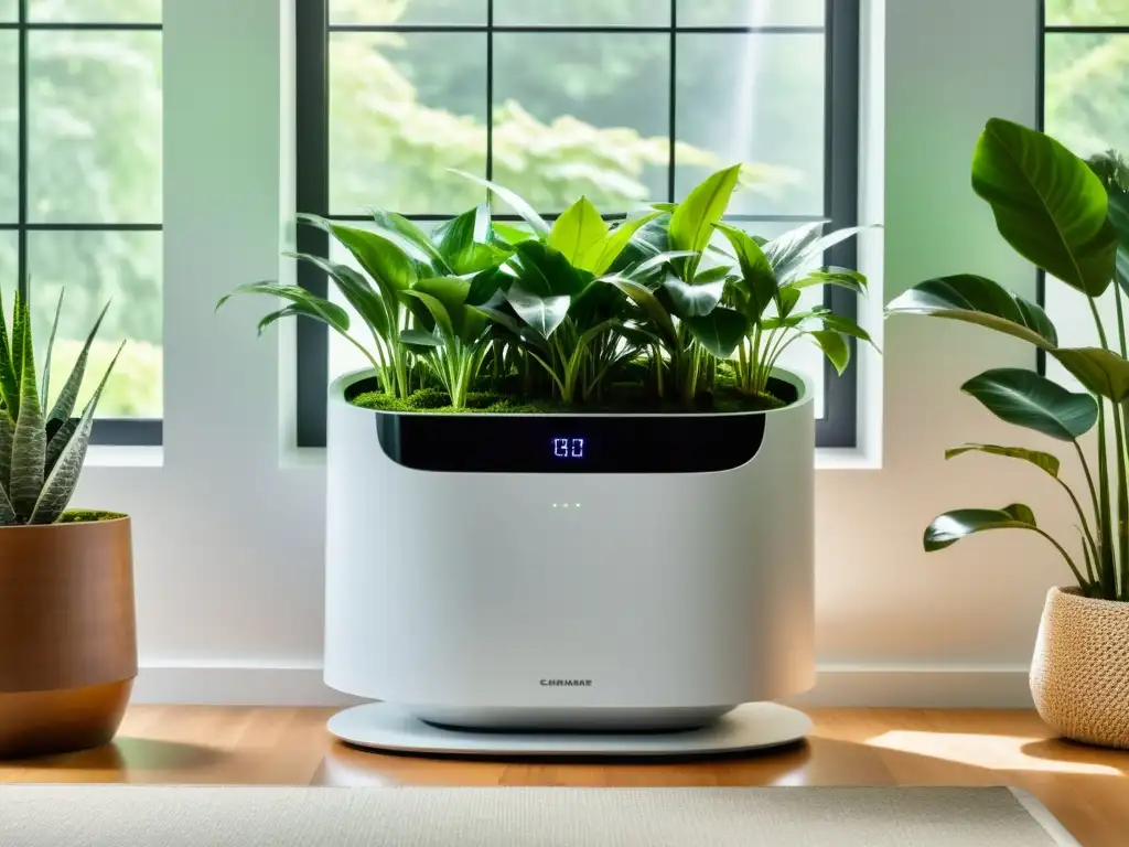 Purificador de aire moderno en sala minimalista Un purificador inteligente controla el aire en un salón moderno con luz natural y plantas exuberantes