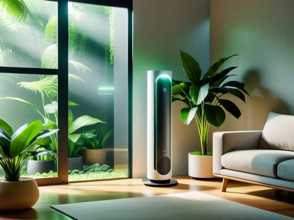 Purificador de aire moderno con pantalla de alta resolución y plantas verdes Un purificador inteligente muestra datos de calidad del aire en un ambiente minimalista y natural