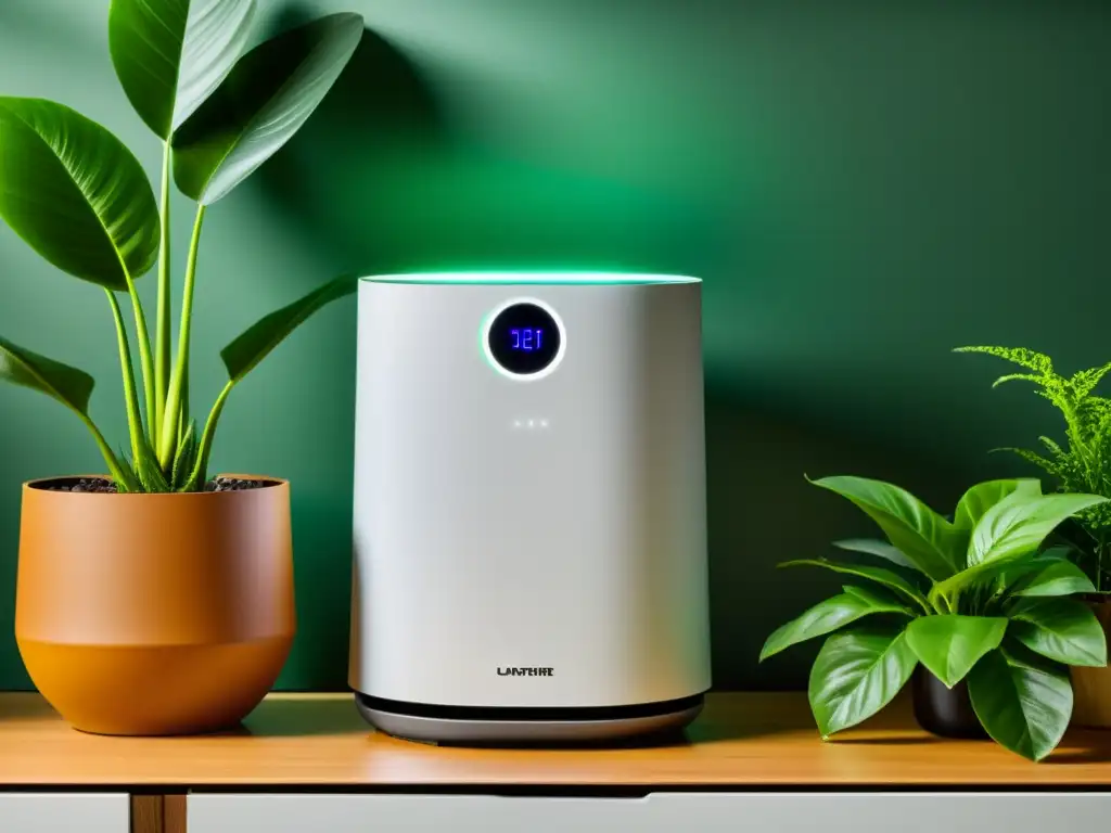 Purificador de aire moderno: elegancia y sofisticación en tu hogar Purificador inteligente con diseño moderno y luz ambiental rodeado de plantas, crea atmósfera relajante en salón
