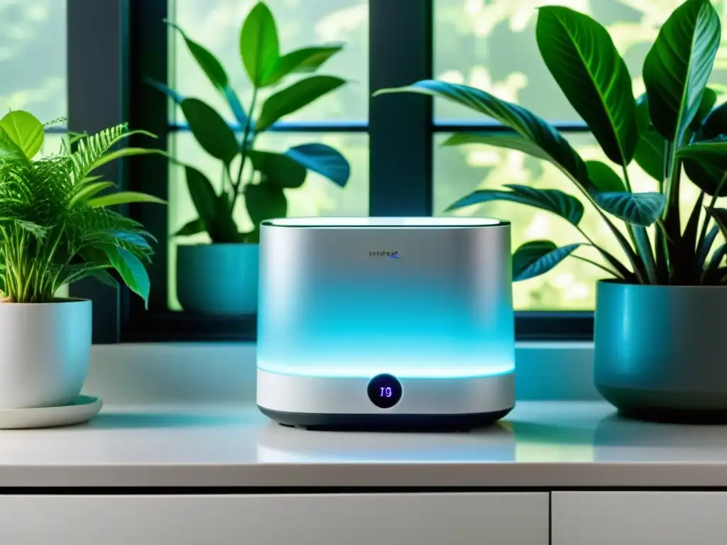 Purificador HEPA: aire fresco y natural en casa Un purificador moderno con filtro HEPA ilumina la habitación con una suave luz azul, rodeado de plantas verdes