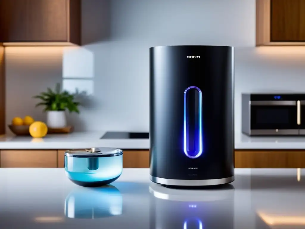 Purificador de agua moderno en cocina elegante Un purificador moderno iluminado por LED en una elegante cocina contemporánea