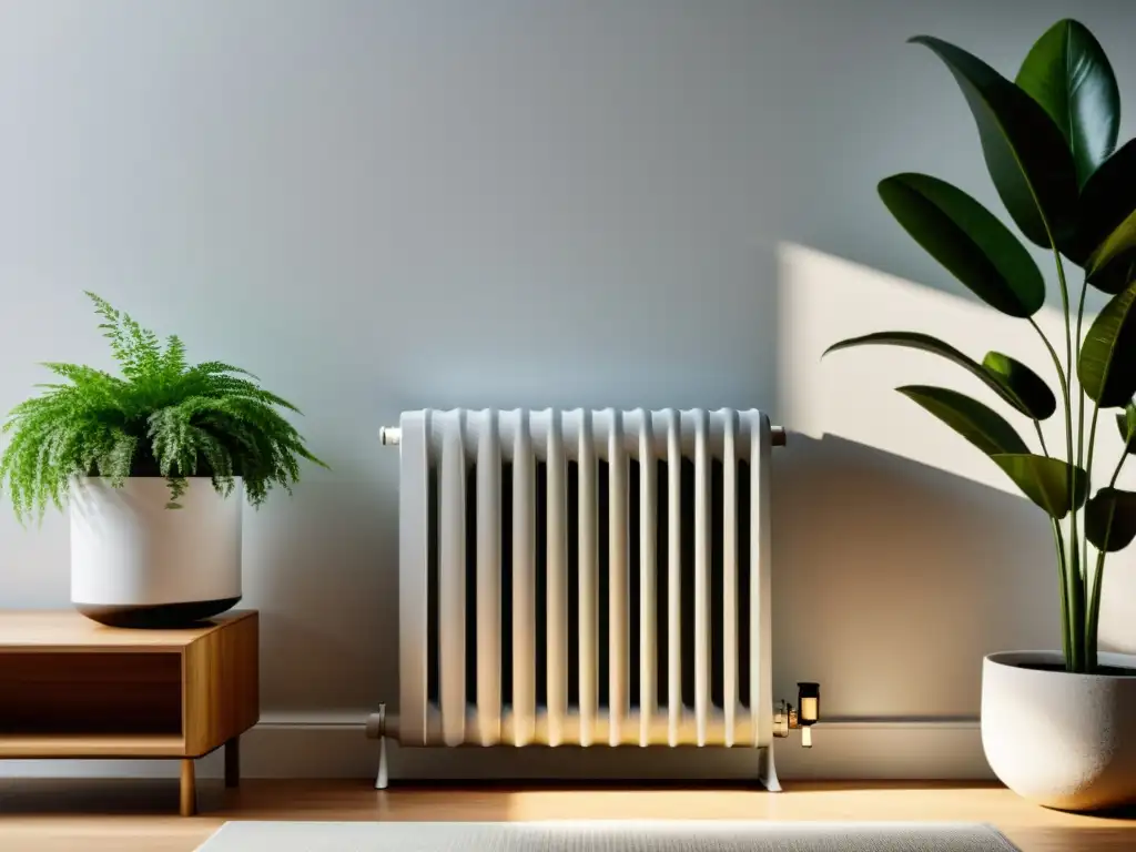 Radiador de aceite moderno: calidez y eficiencia en un ambiente luminoso Un radiador de aceite moderno, con luz cálida y plantas, irradia calidez y eficiencia