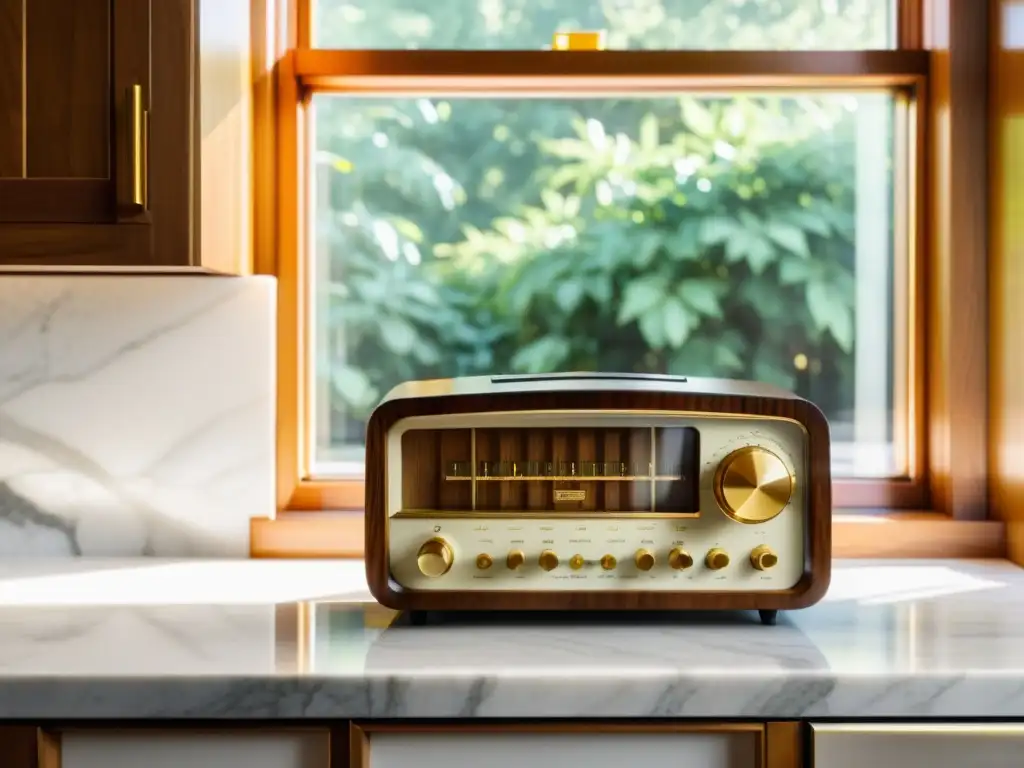 Radio vintage restaurada: contraste en la cocina moderna Radio vintage restaurada en una cocina moderna con luz matutina suave