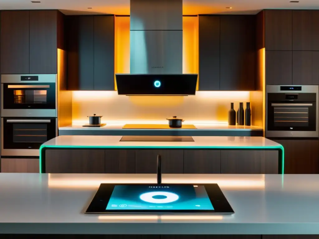Cocina futurista con electrodomésticos inteligentes y realidad virtual Realidad aumentada electrodomésticos inteligentes en una cocina moderna de diseño futurista con holografía y tecnología LED