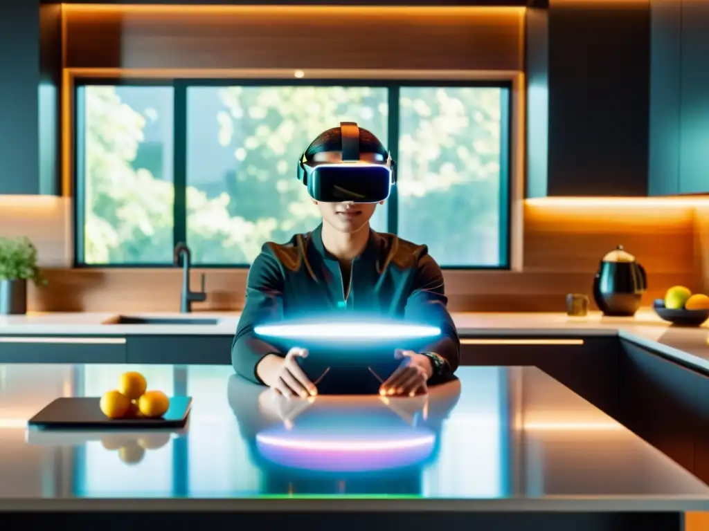 Cocina futurista: realidad aumentada con electrodomésticos inteligentes Realidad aumentada: experiencia futurista en cocina con holograma de electrodomésticos inteligentes
