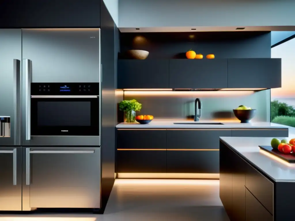 Cocina moderna con electrodomésticos de voz y diseño futurista Reconocimiento de voz en electrodomésticos: Cocina moderna con electrodomésticos futuristas y ambiente acogedor