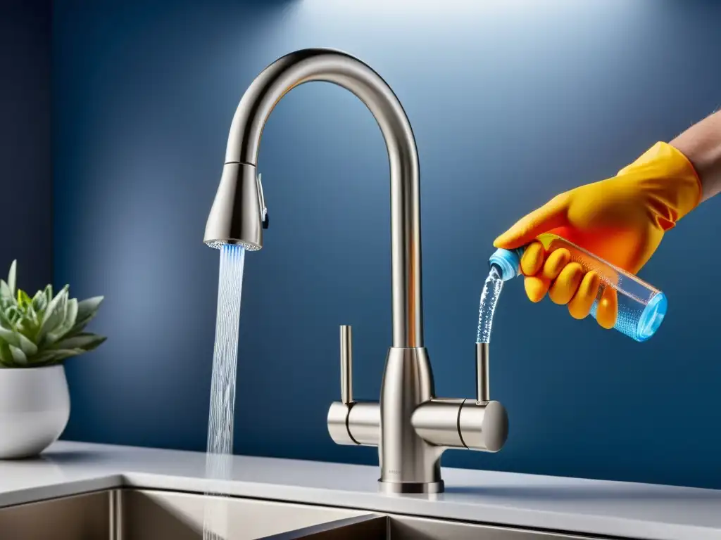 Filtro de agua integrado: tecnología avanzada en grifo de cocina Reemplazo del cartucho de filtro en un grifo de cocina moderno con sistema de filtrado de agua integrado, resaltando la avanzada tecnología