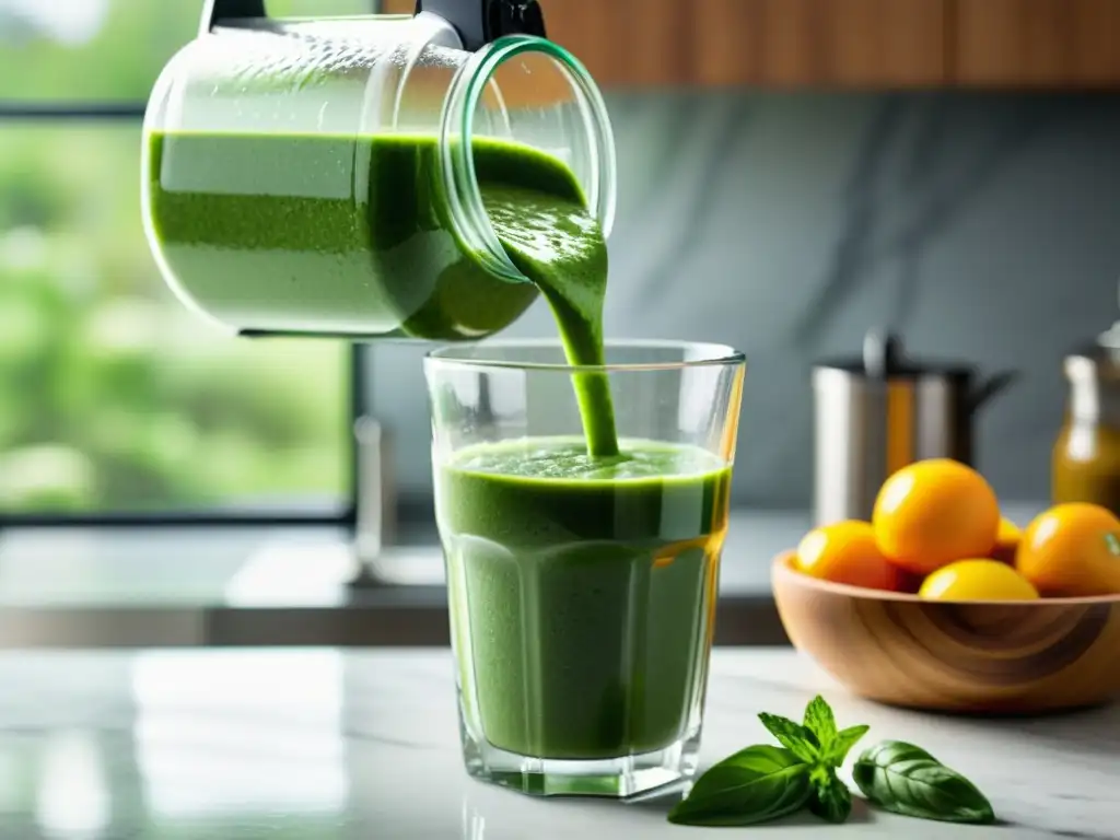 Smoothie verde en vaso, cocina moderna Un refrescante smoothie verde se vierte en un vaso, con gotas suspendidas en el aire