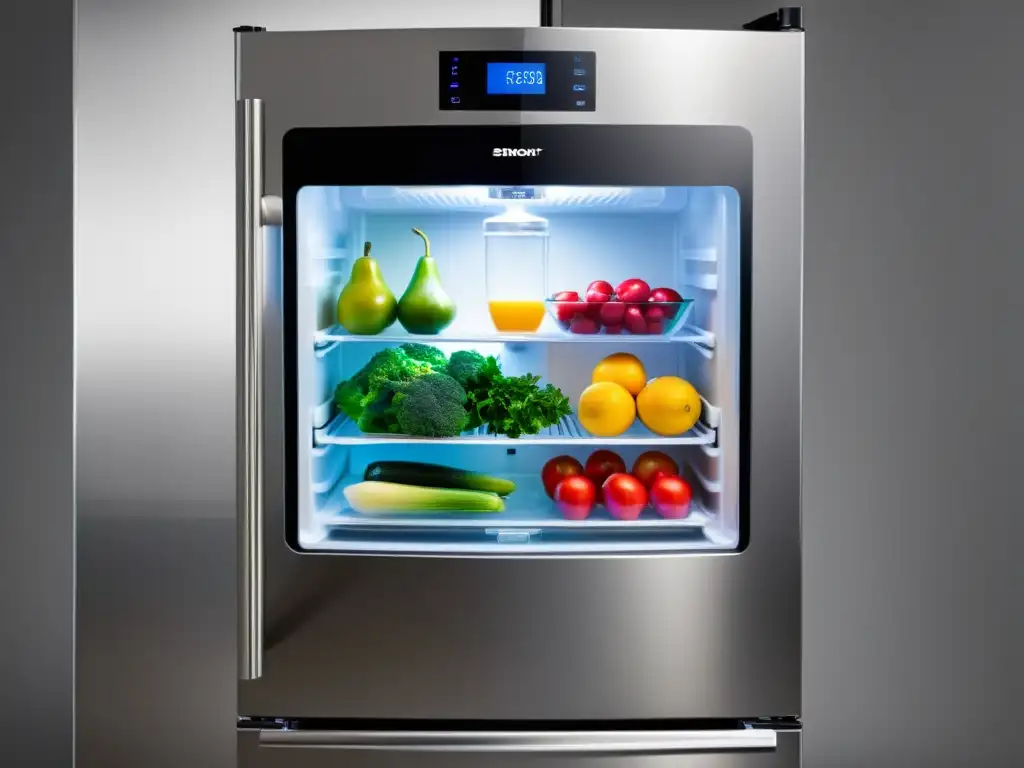 Refrigerador de acero inoxidable con sellador al vacío integrado y amplio espacio interior Refrigerador de acero inoxidable moderno con sellador al vacío integrado, iluminado con LED, mostrando alimentos frescos y sellados al vacío