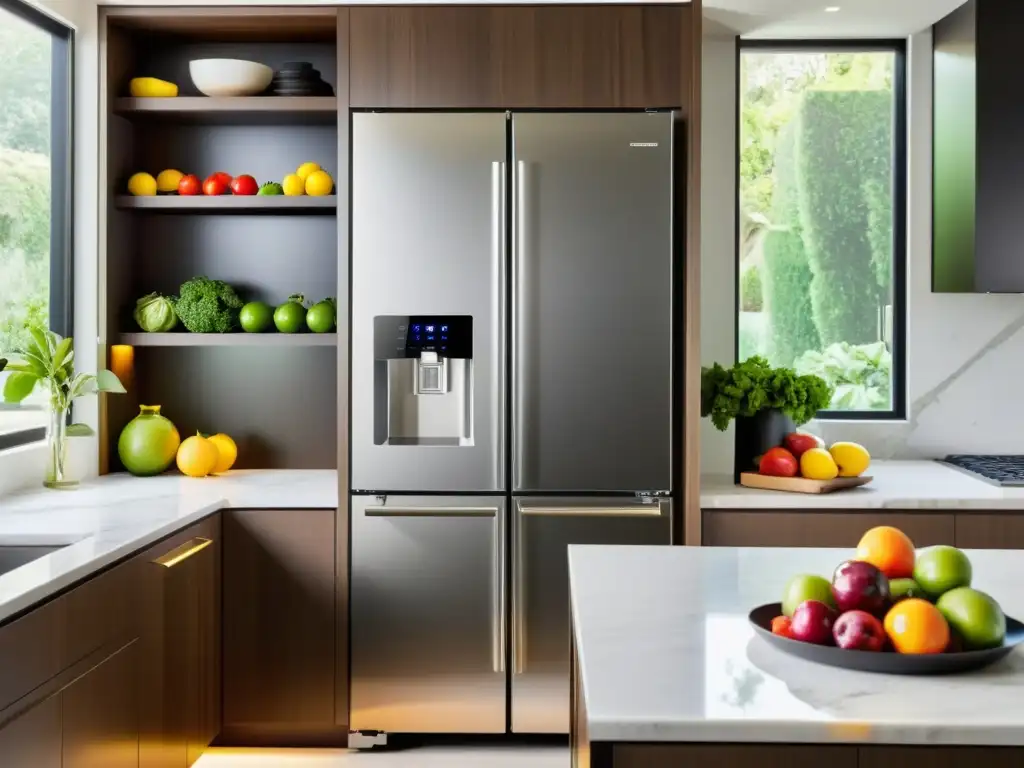 Refrigerador de acero inoxidable moderno en una cocina elegante con electrodomésticos diseñados para durar
