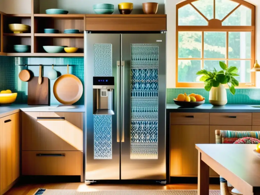 Un refrigerador de acero inoxidable con patrones tradicionales pintados a mano, en una cocina soleada con decoración moderna y vintage
