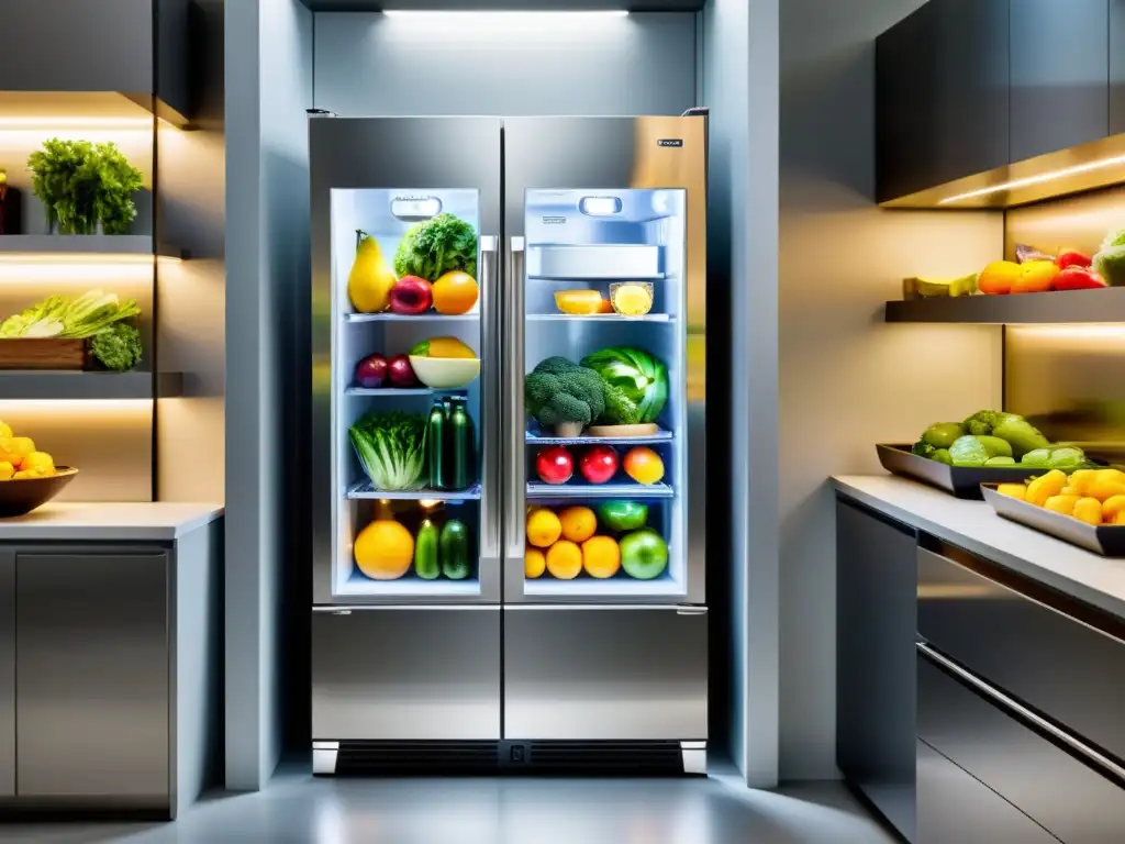 Un refrigerador de acero inoxidable con puerta de vidrio, iluminado con LED y repleto de alimentos frescos